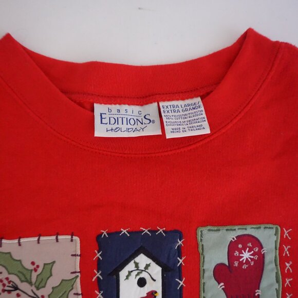 Vintage Basic Editions Red Holly Birdhouse Mitten Patchwork Holiday Sweatshirt X - Picture 9 of 10